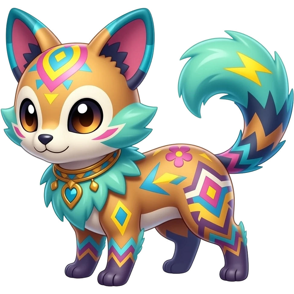 Colorful unique fantasy original shiny smooth soft flurry edgy cool Civet-Absol-Sprigatito-Vaporeon-Fakémon-hybrid with tribal chevron heart floral lightning bolt strikes damask paisley markings emoji