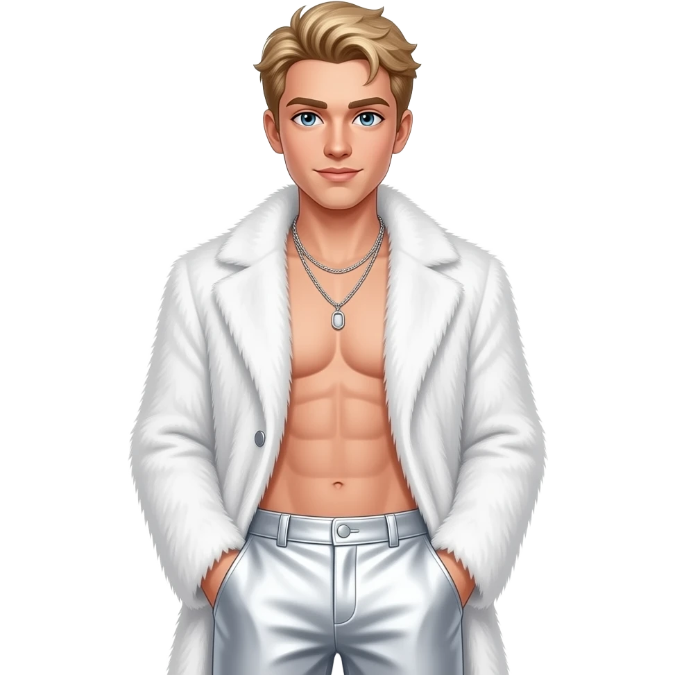 Nick Carter with blue eyes, blonde hair, white fur coat, white metallic baggy pants, shirtless with necklace emoji