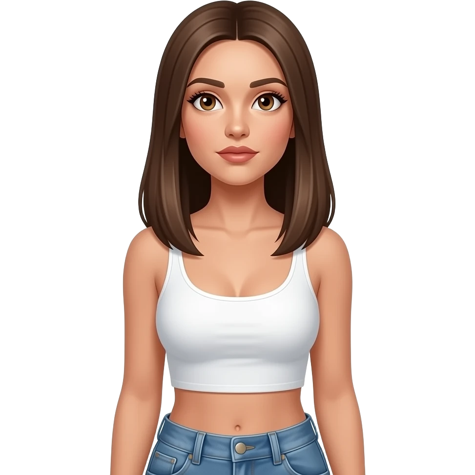 Woman thinking and looking up wearing white crop top with jean pants. Brown eyes and dark blonde straight long hair. Very sexy and seducing eye look. emoji