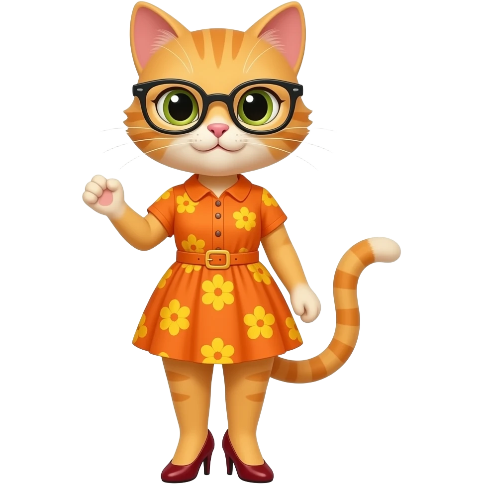Mrs.Kat(Teacher(Orange-Yellow Mother Cat Of Kat(With Orange Short Dress With Yellow Flowers Without Plants Without Sleeves With Tiny Orange Belt With Yellow Flowers Without Plants, Dark Red High Heels Shoes, Black Eyeglasses And Visible Yellow Panties Under Dress By Wind))). emoji
