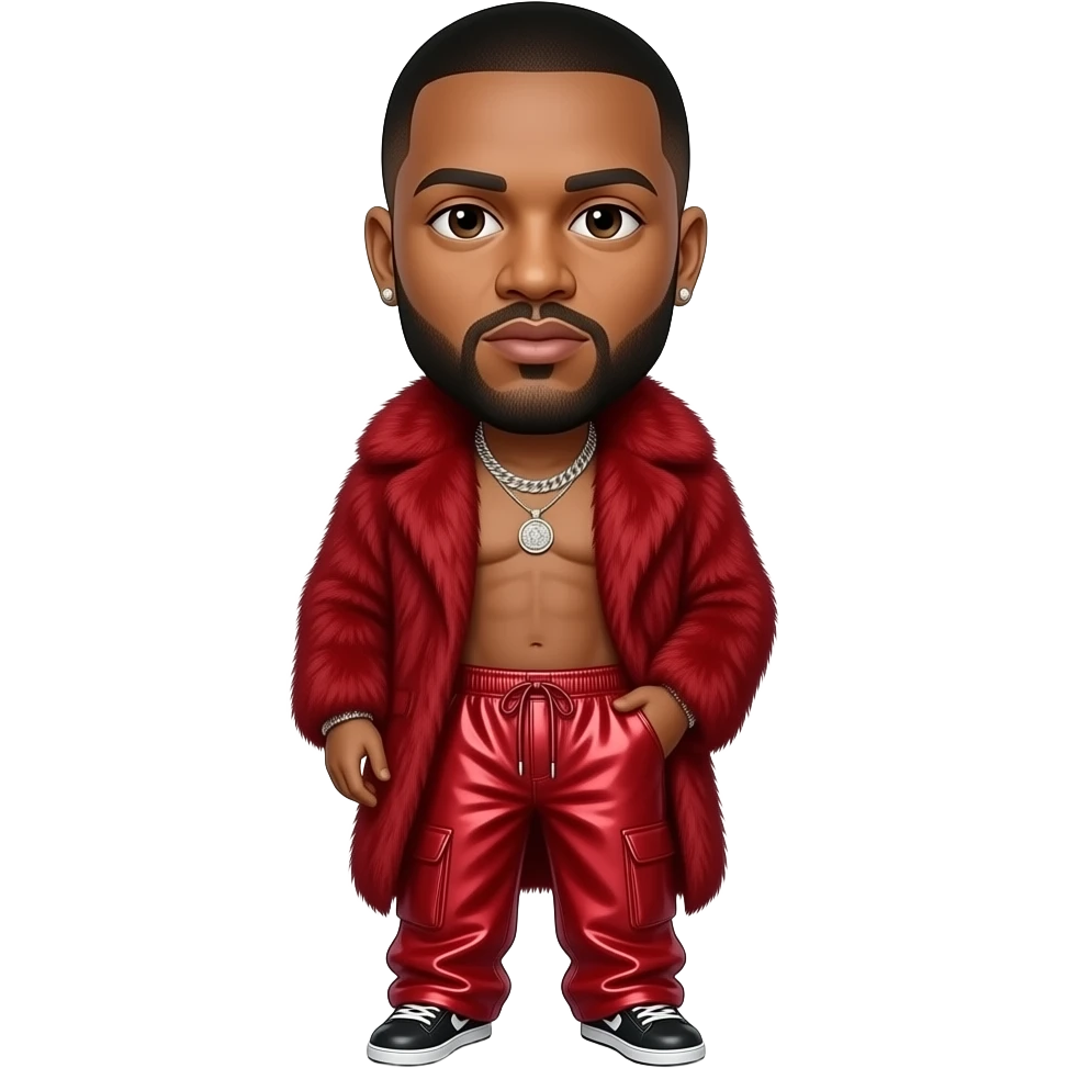 DJ Khaled with dark brown eyes, black buzz cut hair, red fur shawl, red metallic baggy pants, shirtless with necklace and earrings emoji