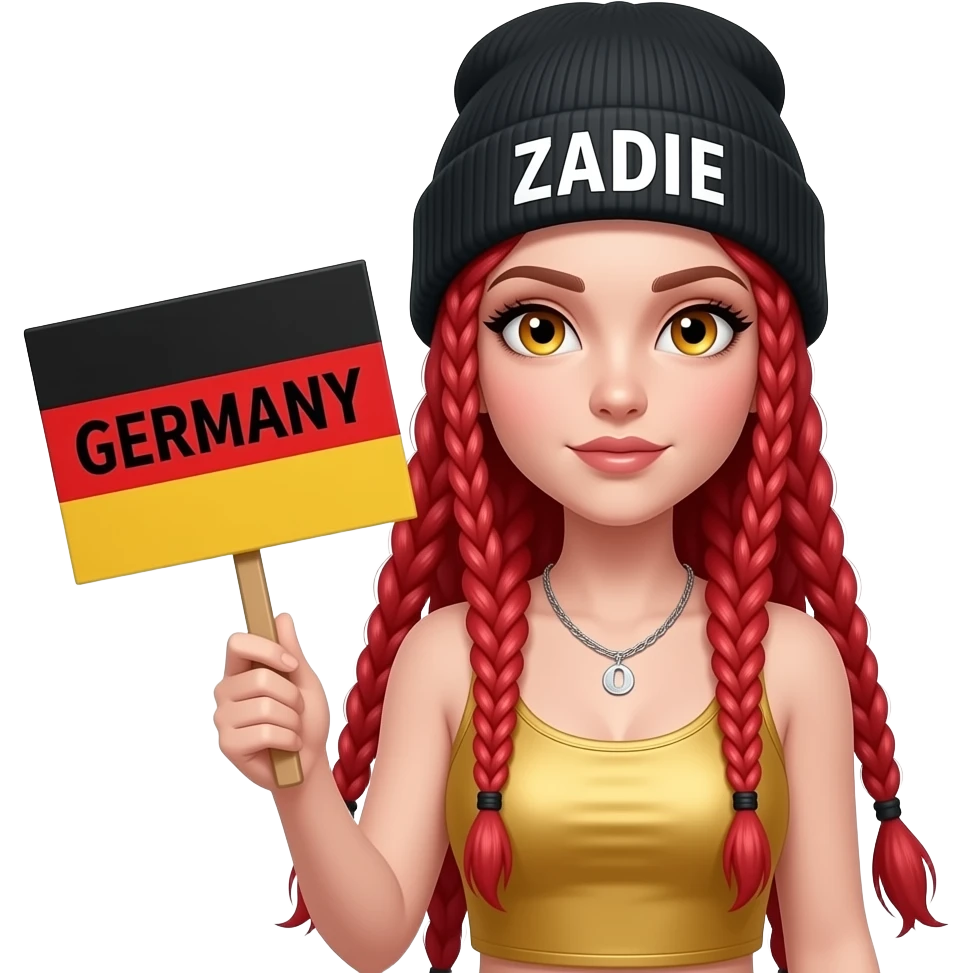 sexy girl with overlong neon red braids and ginger eyes wearing a gold tanktop and a black beanie with ZADIE written on it, is holding a sign with GERMANY written on it emoji