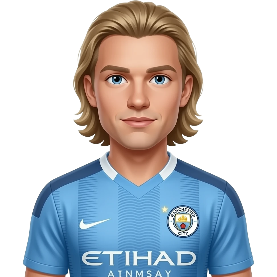Haaland-inspired 3D emoji, full Manchester City jersey, 1 tiny glowing star near collar. emoji