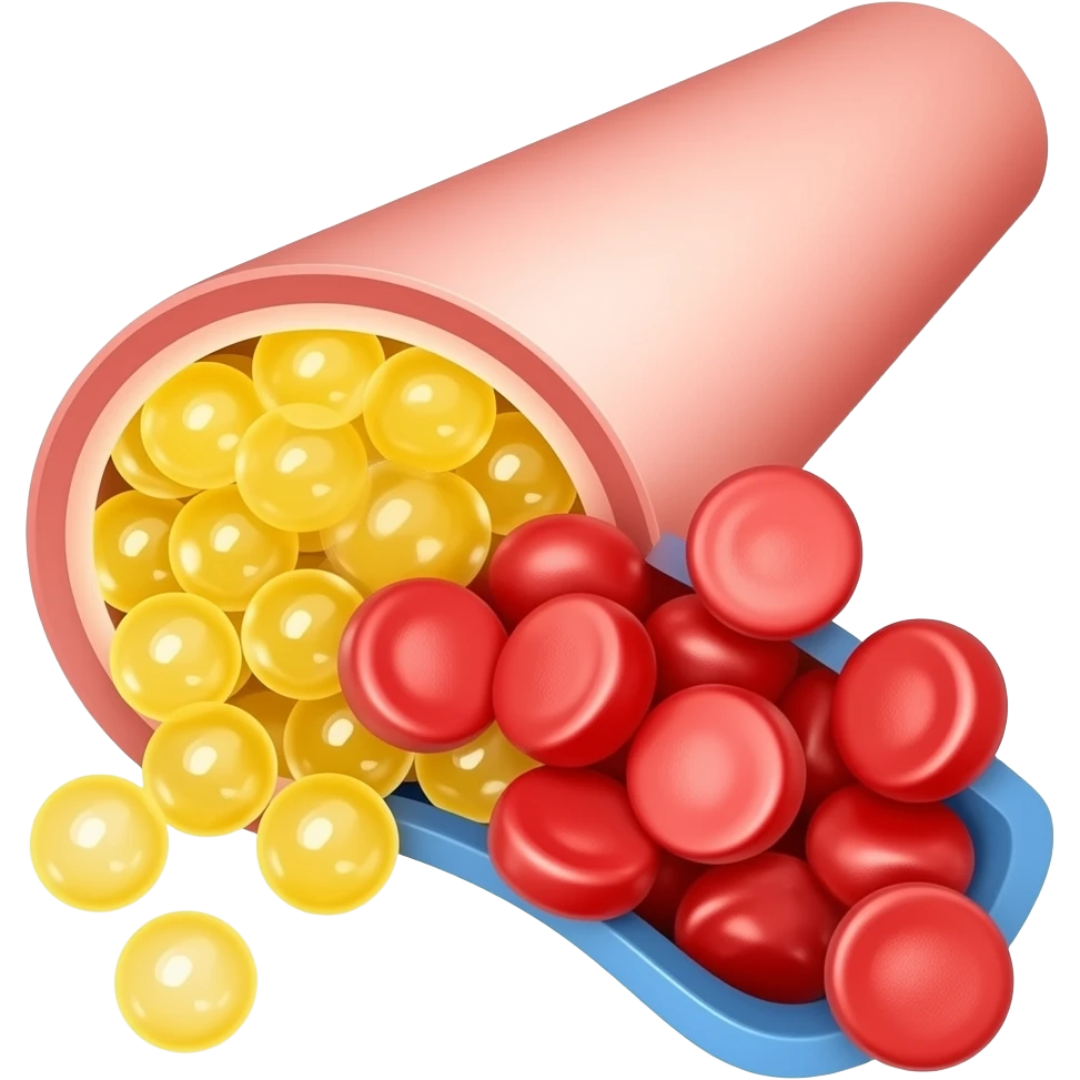 yellow adipose cells mass inside vascular tube partially blocking blood cells flow emoji