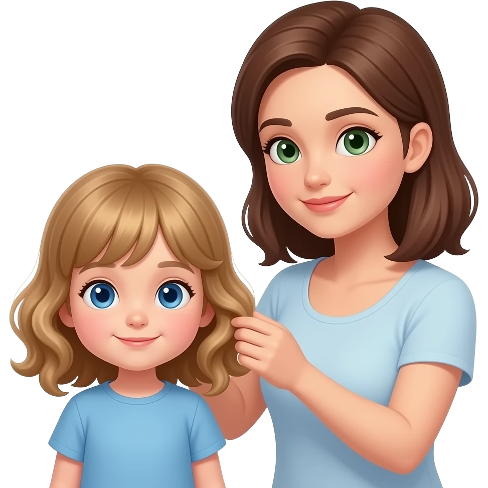 white kid blue eyes mid length hair to shoulders with bangs soft curly hair to shoulders in color: middle to little darker blond. With her mother, a mother white with hazel green eyes and level 7 hair brown hair long to her chest. fixing little girls hair emoji