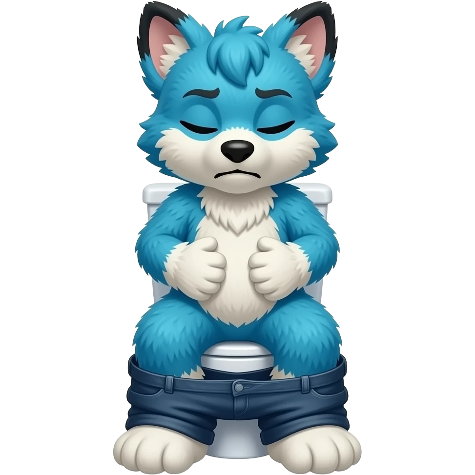 blue fursuit sitting on toilet, front view , pants down, pushing, eyes closed, straining face, hands on stomach emoji
