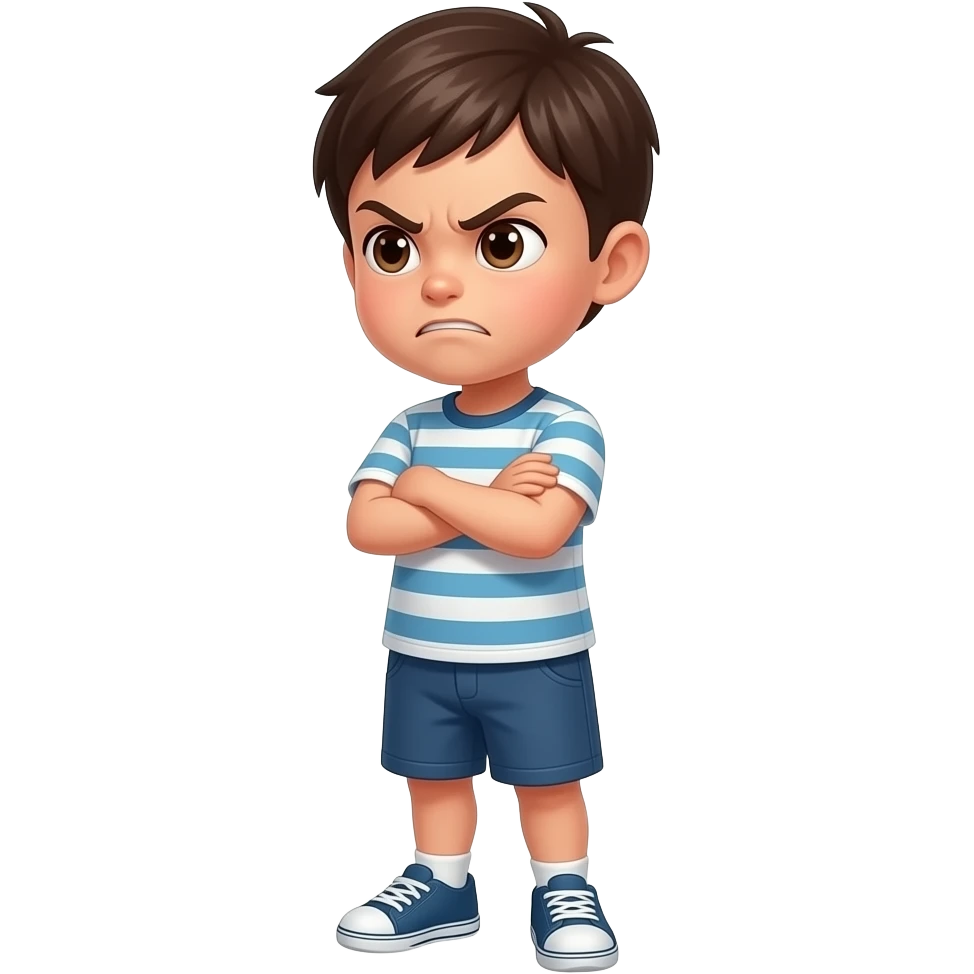 Enfant 4 ans fâché, bras croisés, de la tête aux pieds, vu de côté emoji