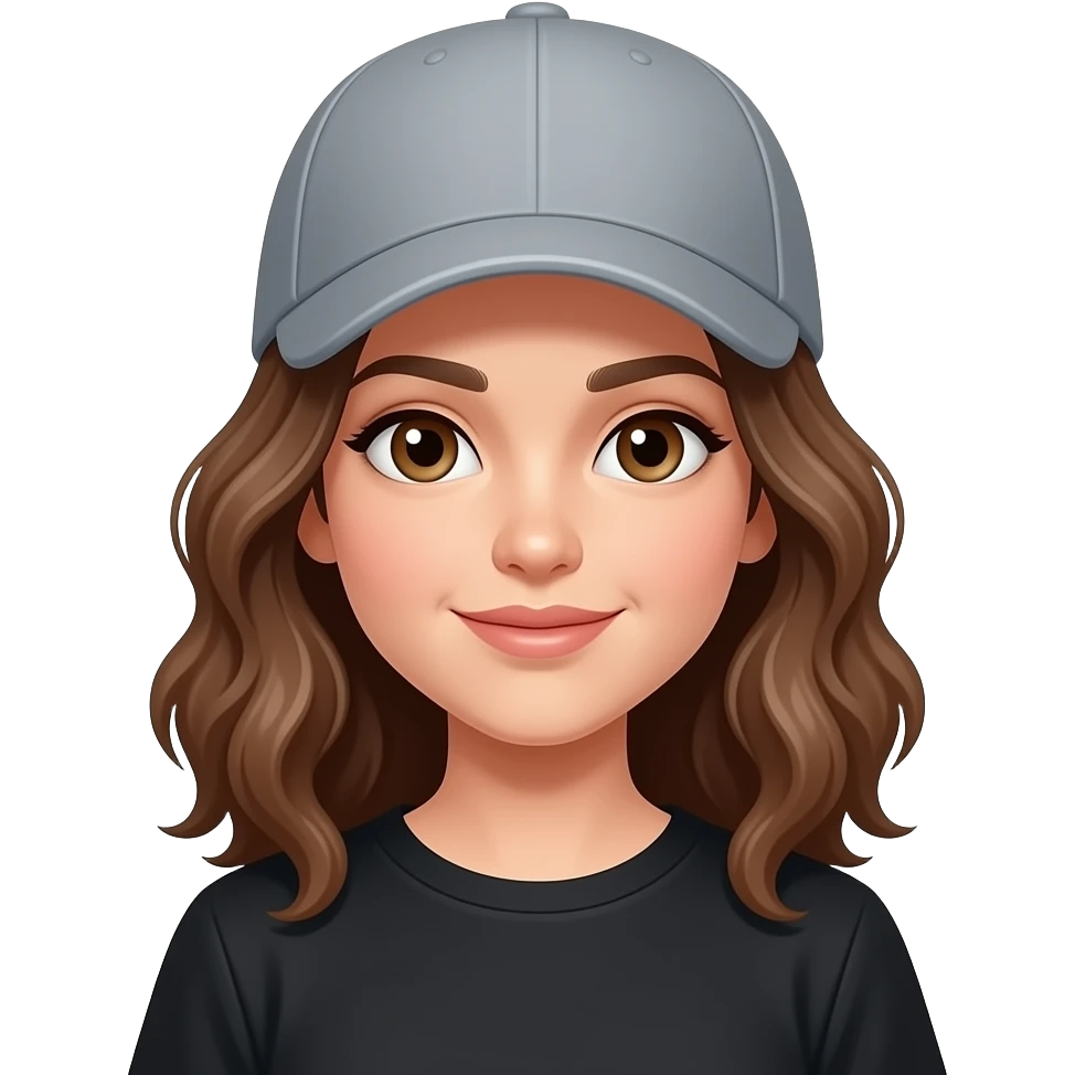Girl with brown hair wavy hair, grey sports hat fair skin black shirt emoji