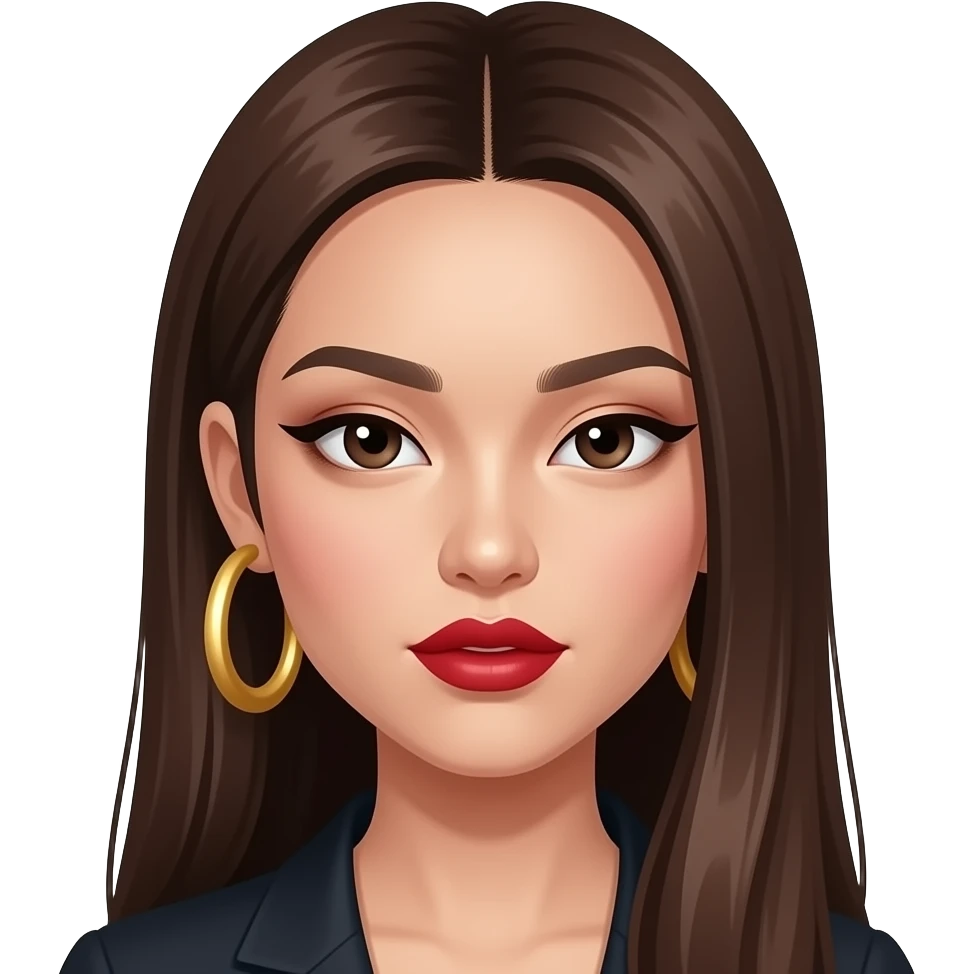 asian baddie with long brown straight hair  side partedwith big thick gold hoop earring and monolid eyes with red lipstick and cateye eyeliner makeup emoji