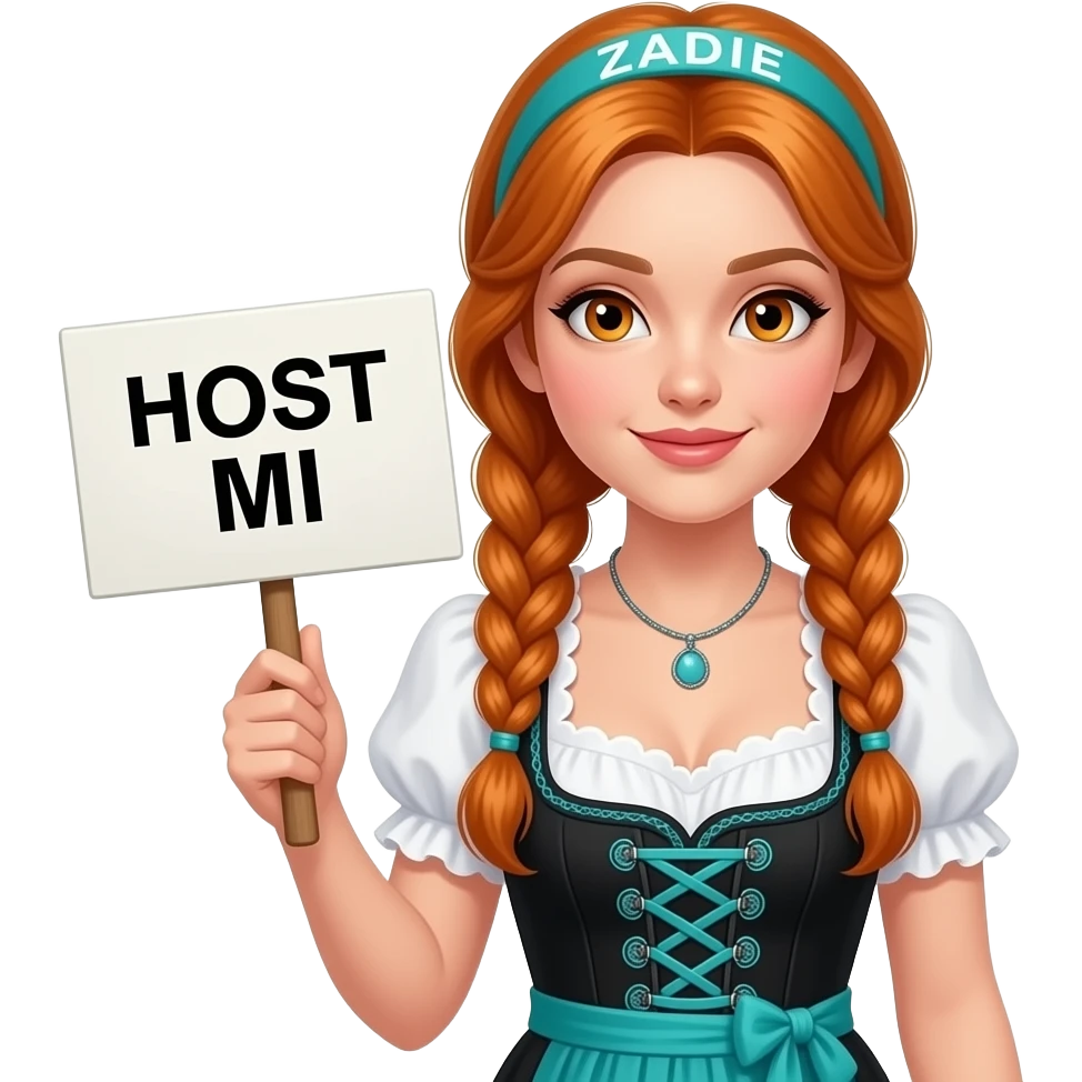 sexy girl with overlong ginger braids and ginger eyes wearing a black turquoise dirndl and a turquoise headband with ZADIE written on it, is holding a sign with HOST MI written on it emoji