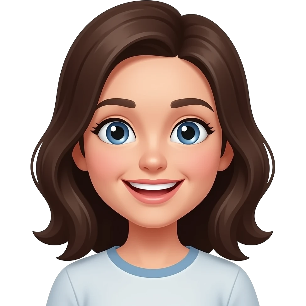 Simple emoji face of a joyful young woman, eyes opened slightly, big smiling mouth with teeth, subtle dimples, clean vector style, bold outlines, flat colors, no background, centered, high contrast, minimal details.” emoji