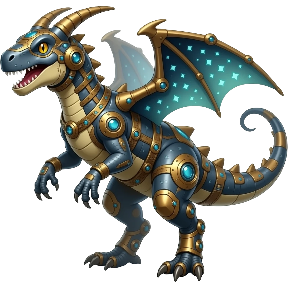 ancient digitigrade vintage futuristic raptorik fantasy-Cyberpunk-Steampunk-Solarpunk-Genesect-Salamence-Tyranitar-Brony-Vernid-Fionbri-Fakémon-animal-hybrid, full body emoji