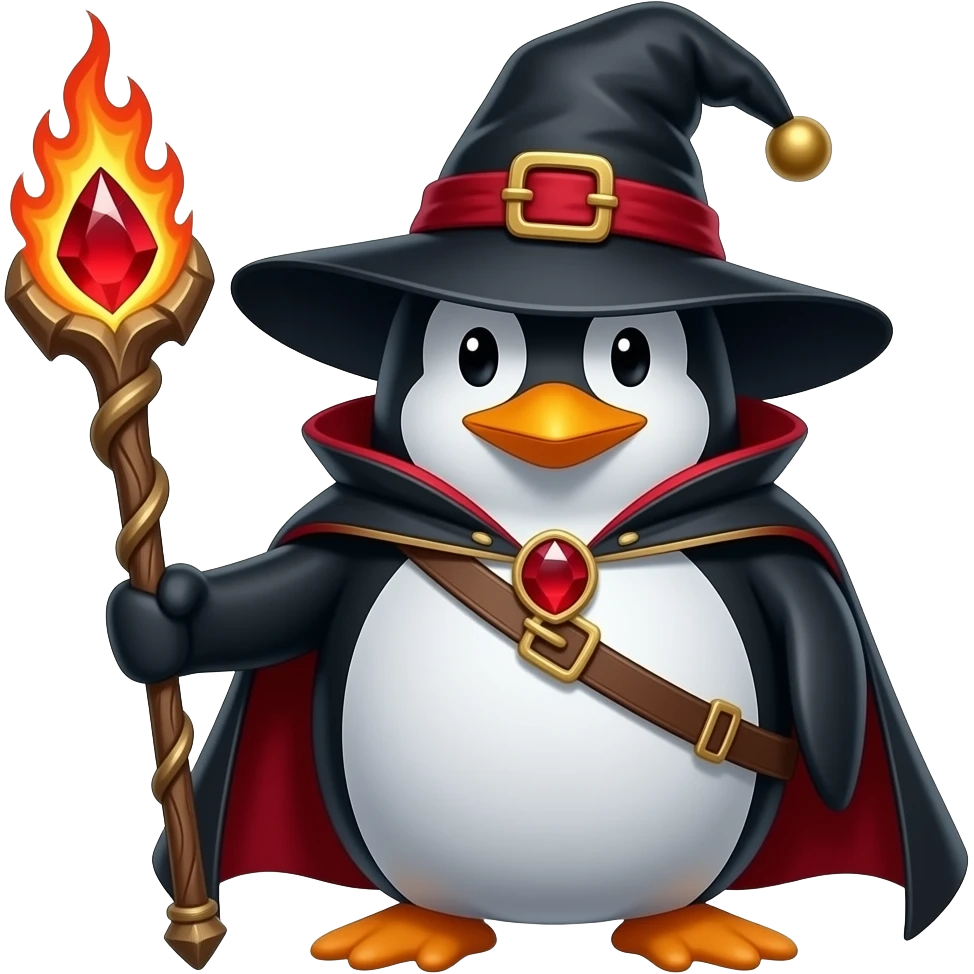 penguin fire wizard, fire elements red eyes, staff with firey red gem, black and red outfit emoji