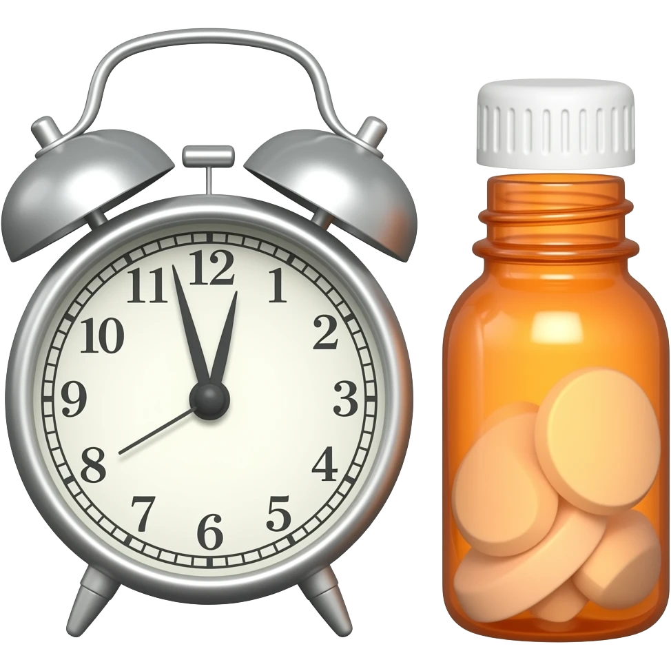A alarm closk and a nearby orange clear bottle of pills with the white cap off emoji