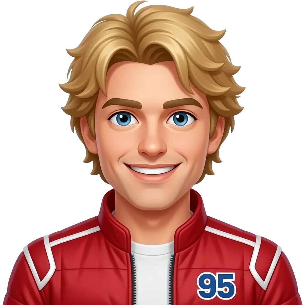 Male, shaggy blonde hair, blue eyes, charming crooked smile, crimson racing jacket with '95 insignia emoji