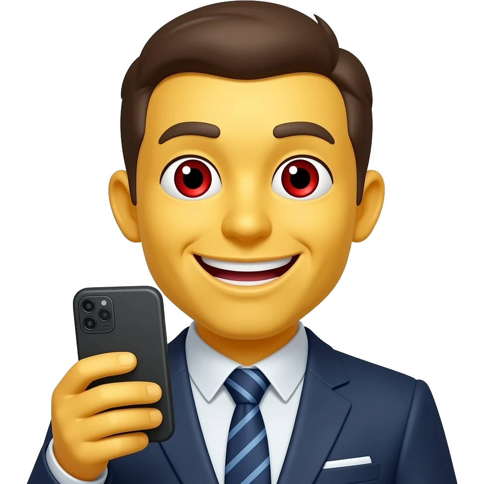 default yellow emoji holding a phone in front of him smiling with teeth and red eyes emoji
