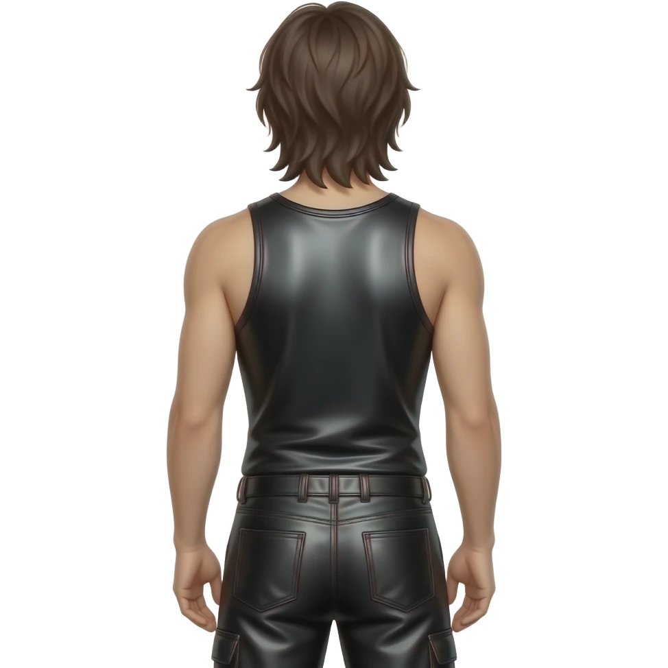 Tom Kaulitz from behind with long dark brown hair, black metallic tank top, black metallic baggy pants emoji