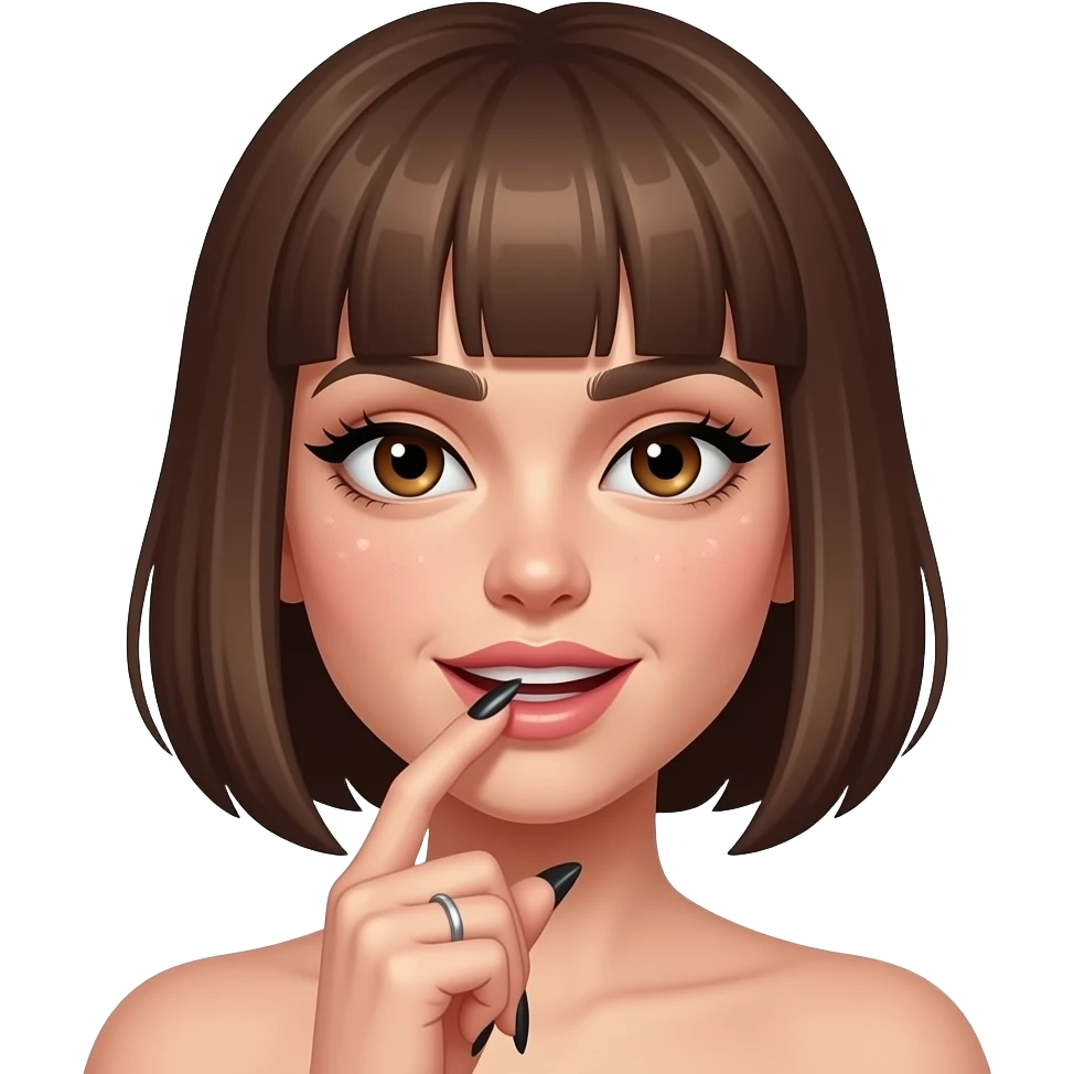 Je veux que ce soit un emoji de peau blanche, une femme, brune au carré qui se mord le doigt avec des longs ongles, des yeux marrons et des faux cils avec un regard perçant. Je veux que ça ressemble à une petasse. Avec un regard coquin, rajoute des petits cœurs autour et des ongles plus long emoji