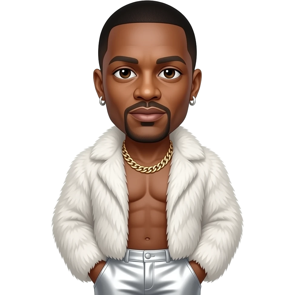 P. Diddy with dark brown eyes, black buzz cut hair, white fur shawl, white metallic baggy pants, shirtless with necklace and earrings emoji