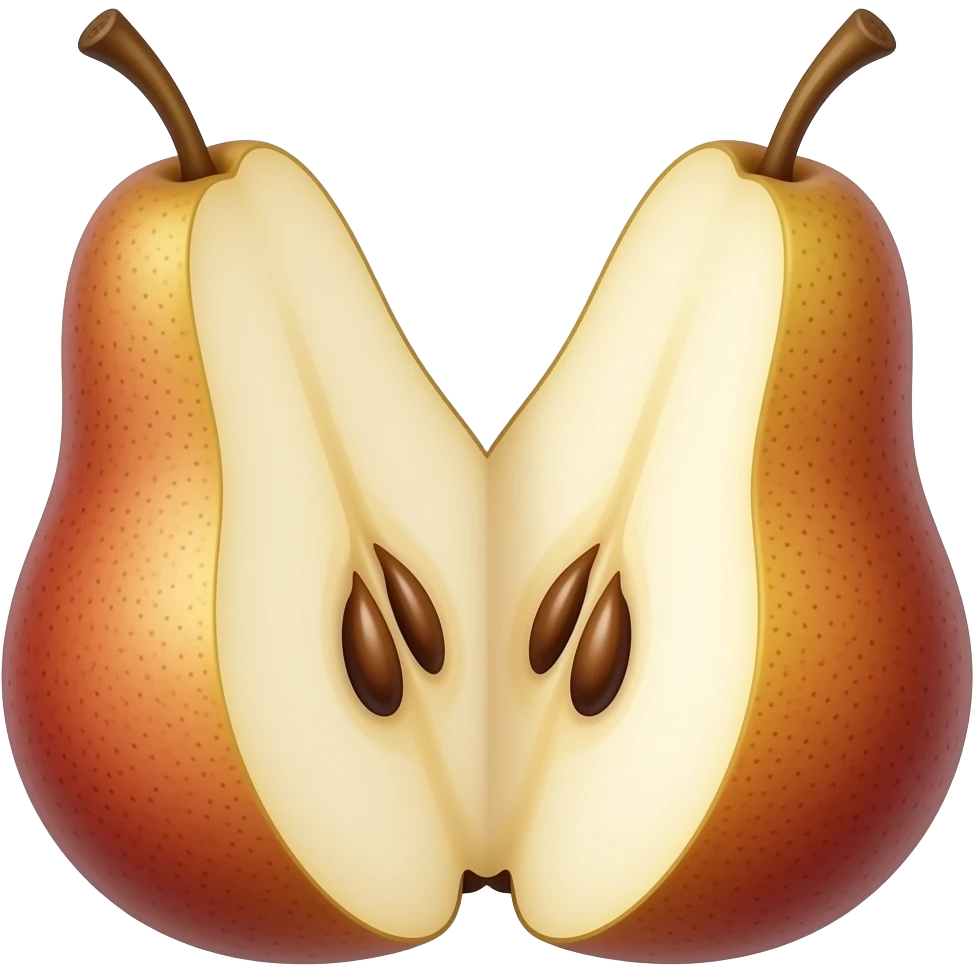 a split open rose-colored pear with gold-colored skin emoji