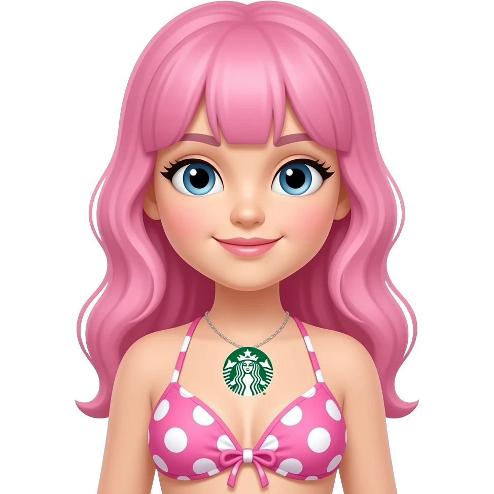 A pink girl wears a white dots and pink big dots and white pink gradient corals and starbucks swimsuit emoji