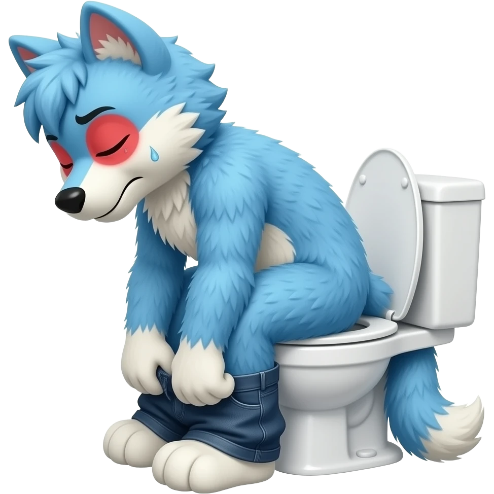 blue fursuit sitting on toilet, side view , pants down, pushing, eyes closed, straining face, red face, sweating emoji
