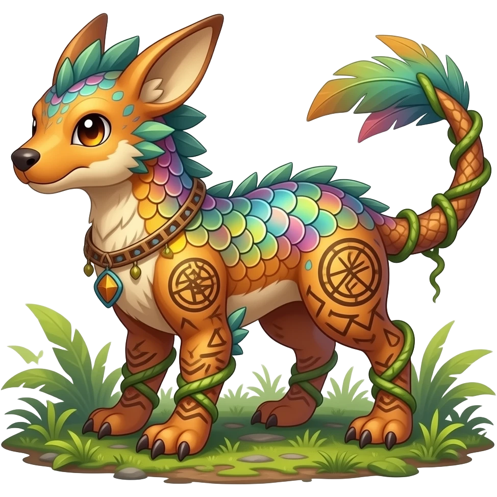 Colorful Fruity Warm-colored Tropical Tribal Shamanic Exotic Vernid-Sergal-Trico-Silvally-Nargacuga-fusion-hybrid-animal-creature, full body emoji
