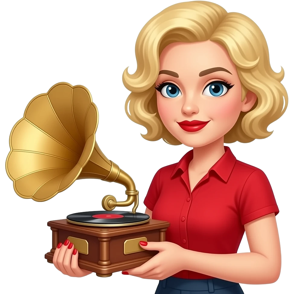 above neck Short blonde curly hair holding a victrola with red nails, in a red short sleeve shirt, red lipstick, black eyebrows emoji