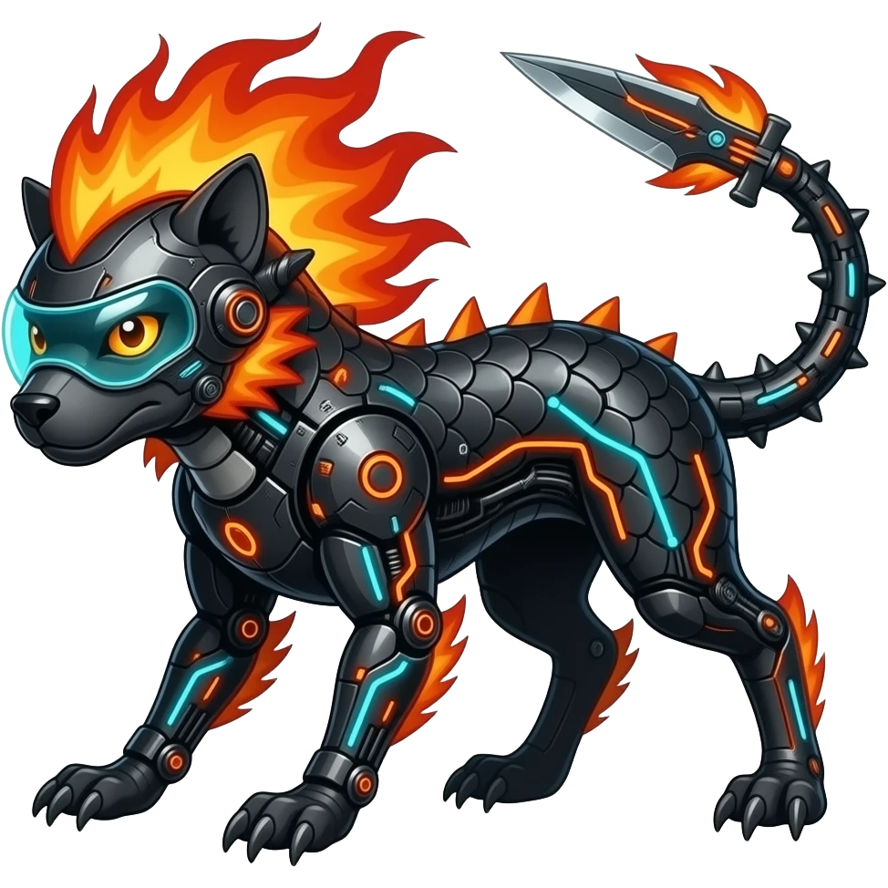 Cool edgy fiery bipedal furry cybernetic electrical visor-helmeted, Circuitry-patterned black-scaled digitigrade futuristic fantasy-Cyberpunk-Steampunk-Solarpunk-Genesect-Cyclizar-Salazzle-Protogen-Fakémon-animal-hybrid, with neon feather-mane, and a tail blade, back spikes emoji