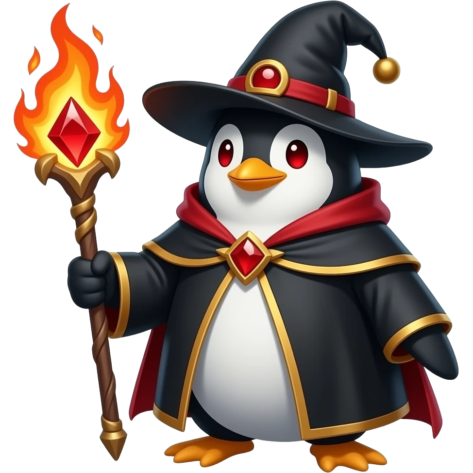 penguin fire wizard, fire elements red eyes, staff with firey red gem, black and red outfit emoji
