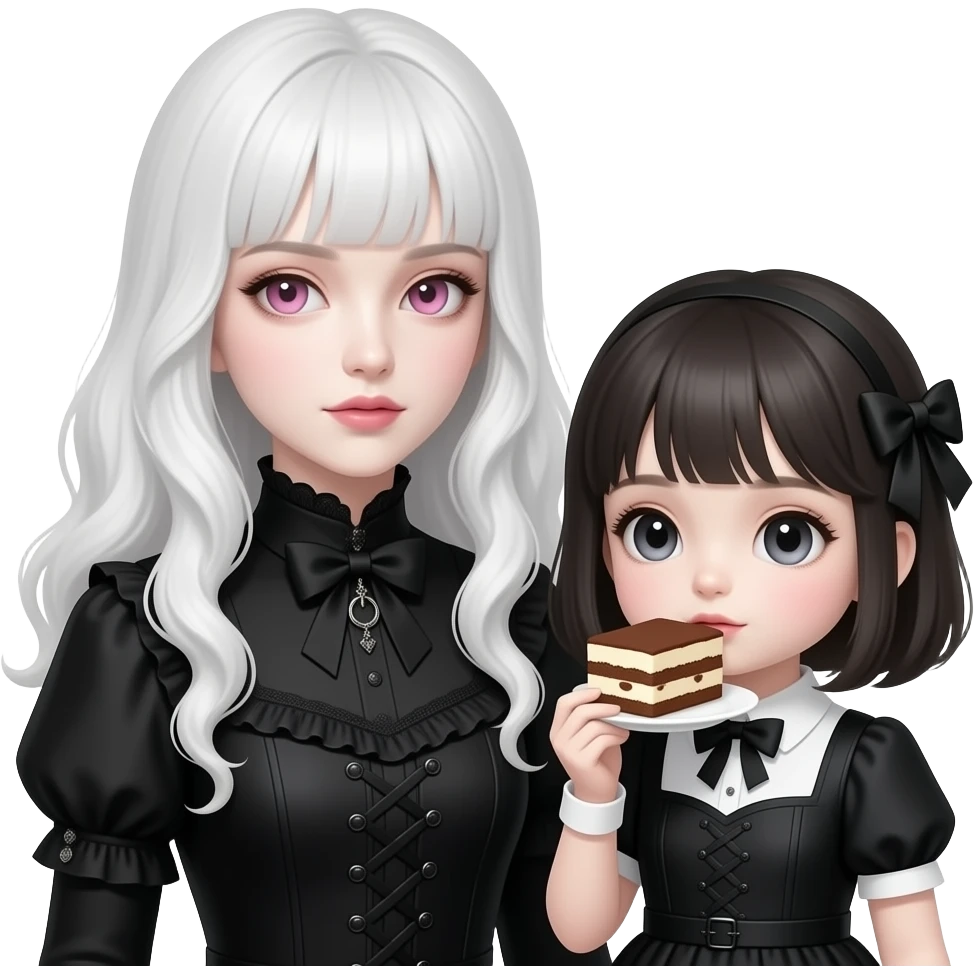 One woman with very pale skin, long, wavy white hair with an elegant short fringe. Pink eyes, dressed entirely in black in a Victorian Gothic style. A young girl resembling a Gothic porcelain doll. Sweet and kind expression, she eats a slice of tiramisu. emoji