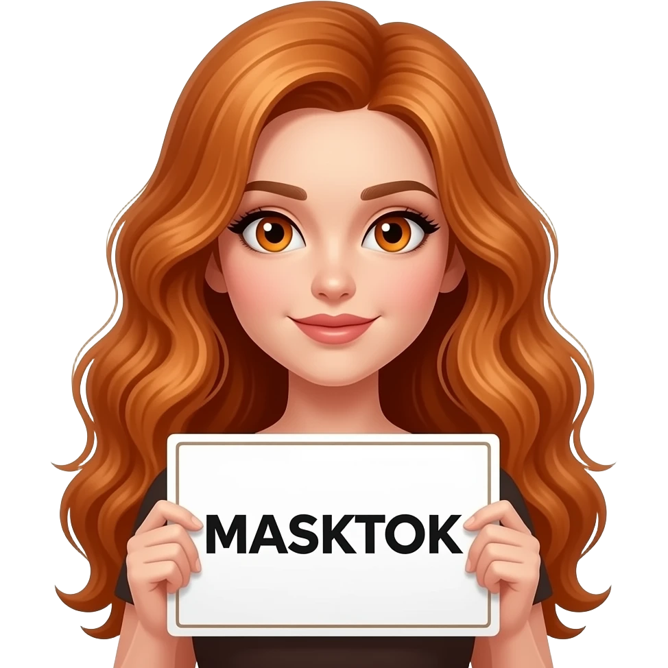 sexy girl with long wavy ginger hair and ginger eyes wearing a top is holding a MASKTOK sign emoji