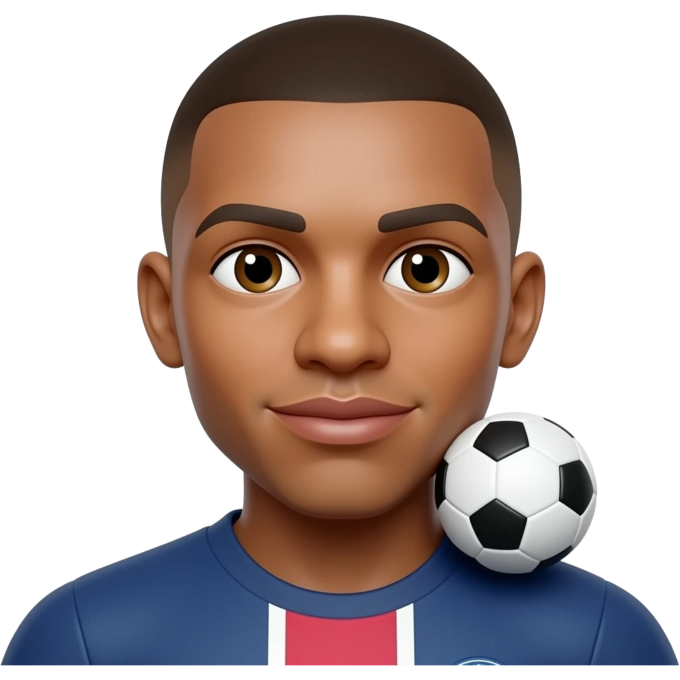 Mbappe-inspired 3D emoji, same face every time, 1 small football near chin, not covering face. emoji