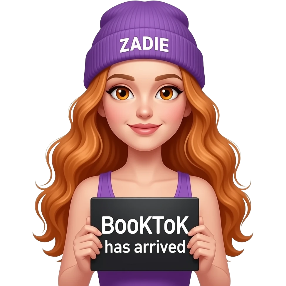 sexy girl with overlong wavy ginger hair and ginger eyes wearing a purple tanktop and a purple beanie with ZADIE written on it, is holding a black sign with BOOKTOK has arrived written on it emoji