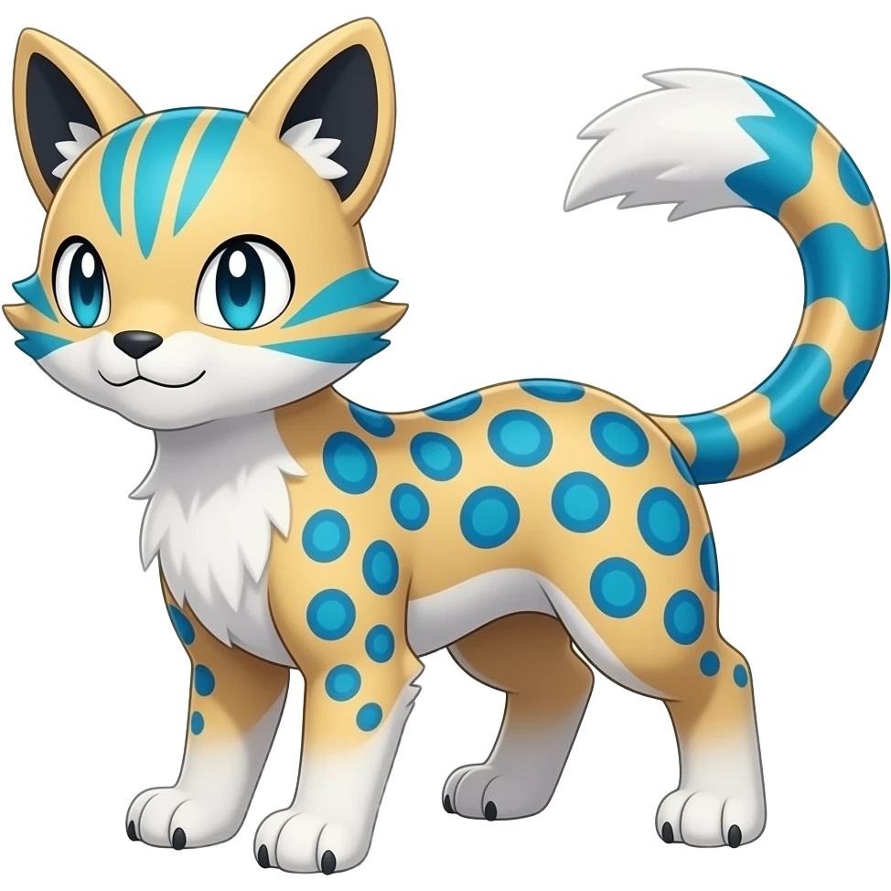 Colorful Meloetta-Sergal-Snow-Leopard-Civet-Genet-Pokémon-Digimon-Fakémon-fusion-hybrid-creature with Cyan stripes and blue leopard-spot-markings emoji