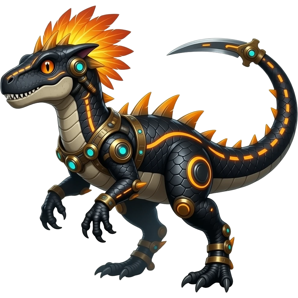 Cool edgy ancient black-scaled with neon-orange stripe markings digitigrade bipedal vintage futuristic raptorik fantasy-Cyberpunk-Steampunk-Solarpunk-Genesect-Salamence-Cyclizar-Salazzle-Feraligatr-Fakémon-animal-hybrid, with neon feather-mane, and a tail blade, back spikes, full body emoji
