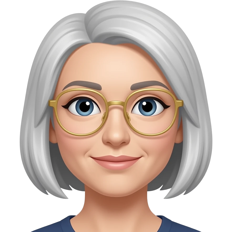 female, salt and pepper hair, bob cut, no bangs, with gold-rimmed eyeglasses emoji