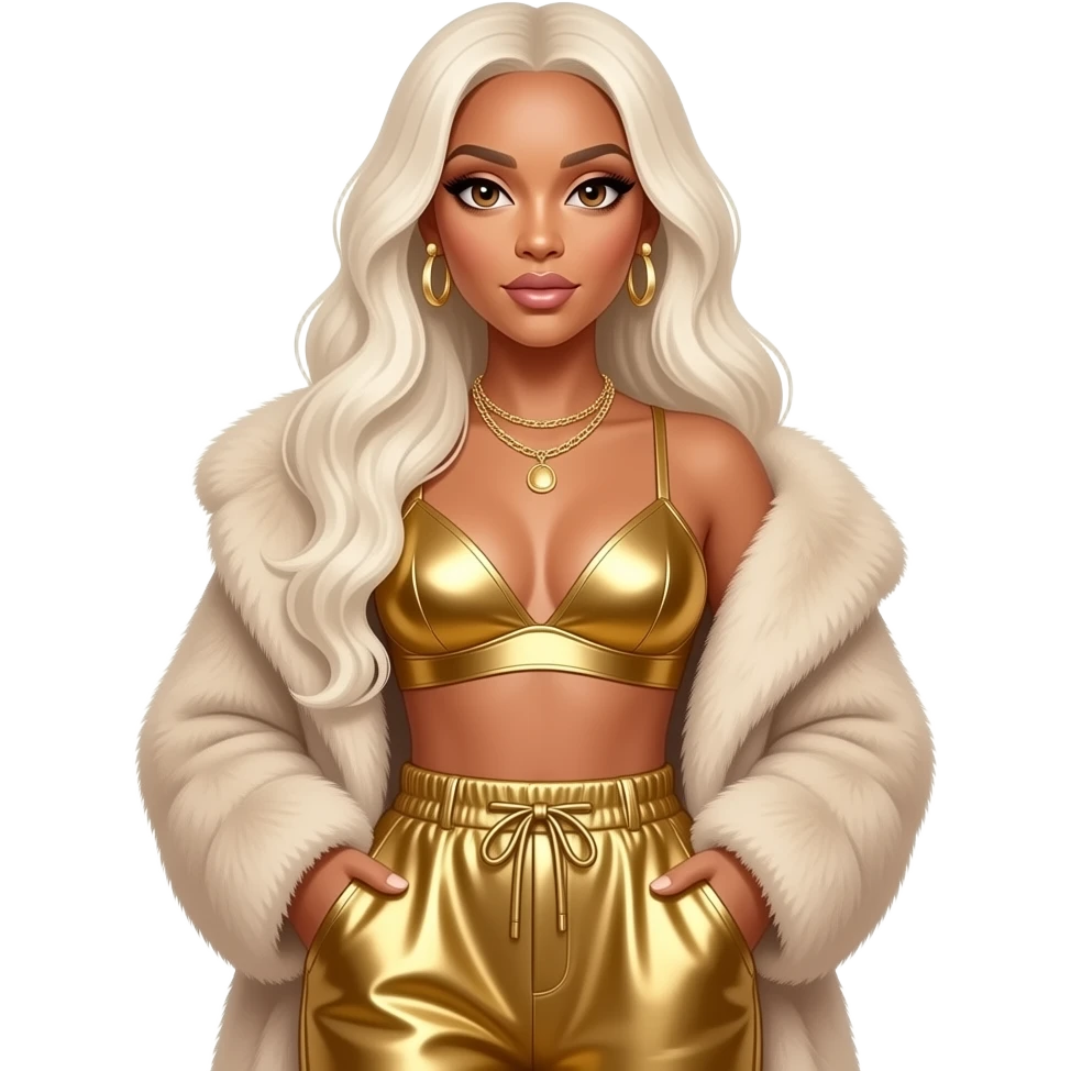 Beyonce with hazel eyes, long platinum blonde hair, beige fur coat, gold metallic bra, gold metallic baggy pants, necklace and earrings emoji