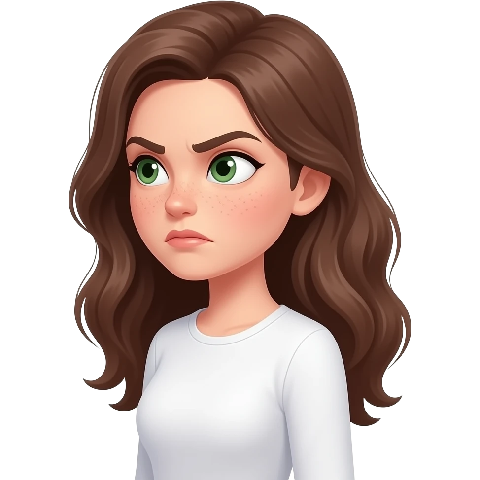 side view strong face expression very visible judgmental,caricatured,suspicious side-eye meme eyes looking sharply to the side looking sideways with suspicion by Brown wavy long haired with green eyes with one eyebrow raised cute face with freckles pretty girl in cute white top with long sleeve emoji