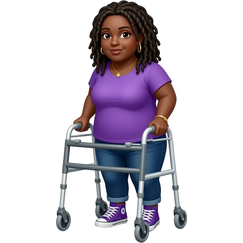Dreadlocked chubby black woman using a walker wearing a purple shirt and purple chuck taylors emoji
