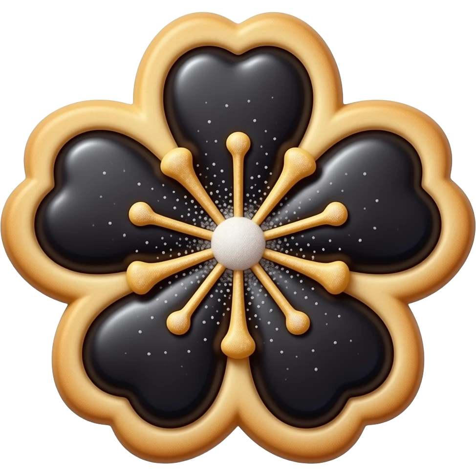 Realistic shortbread cookie in the shape of a black cherry blossom with pale black color jelly middle filling and sprinkled powder sugar on top emoji