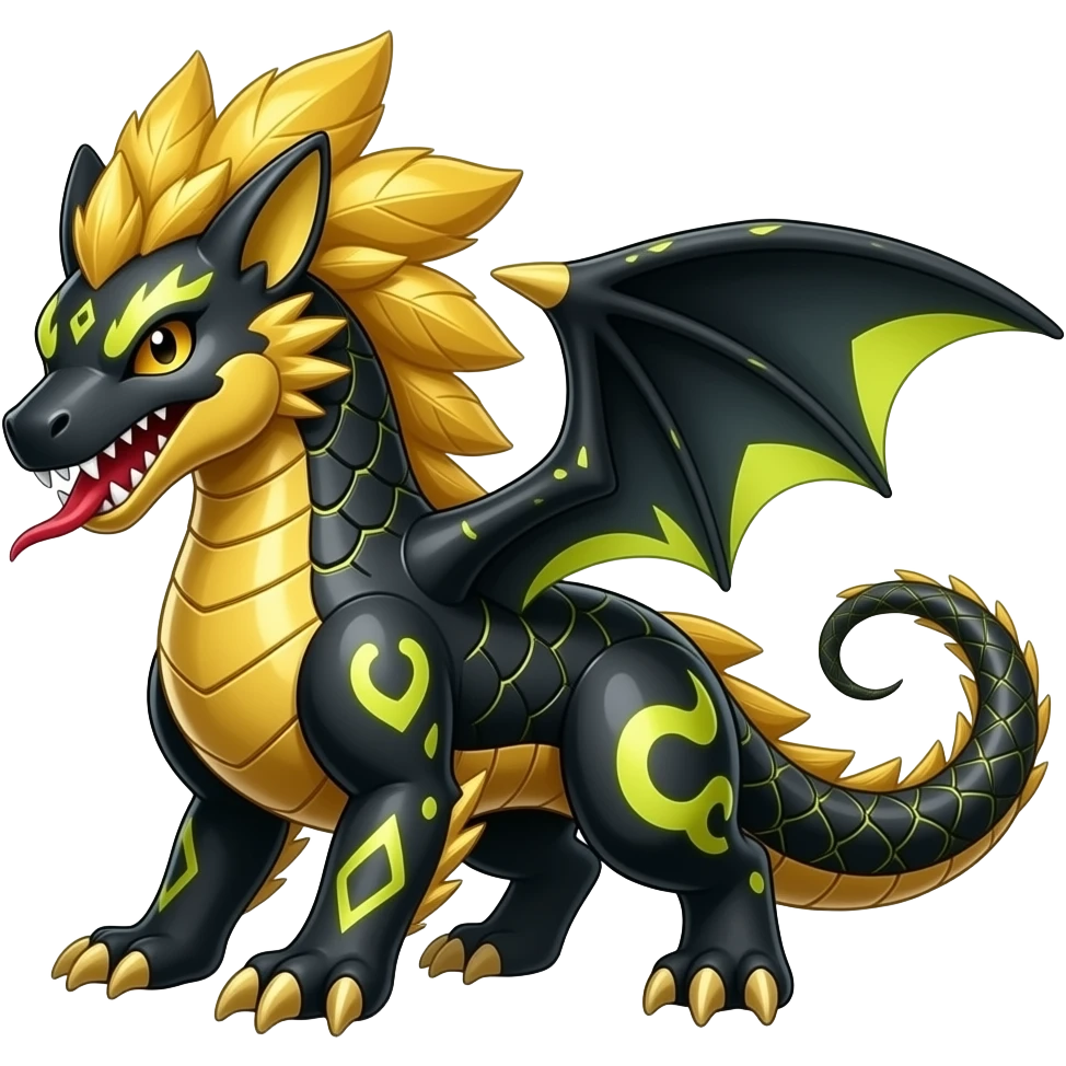 Shiny edgy cool badass gold hydro Raptorik feathery spicy Furry scaly oily black with neon-markings Salandit-Salamence-Ekans-Seviper-Rapidash-Salazzle-Fakemon-hybrid emoji
