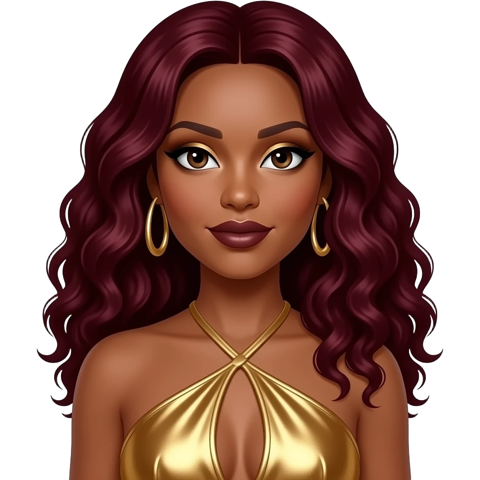 LaTavia Roberson from Destiny's Child with dark brown eyes, long dark red 90s soft curl hair, gold eyeshadow, dark brown lipstick, gold metallic halter dress, gold earrings emoji