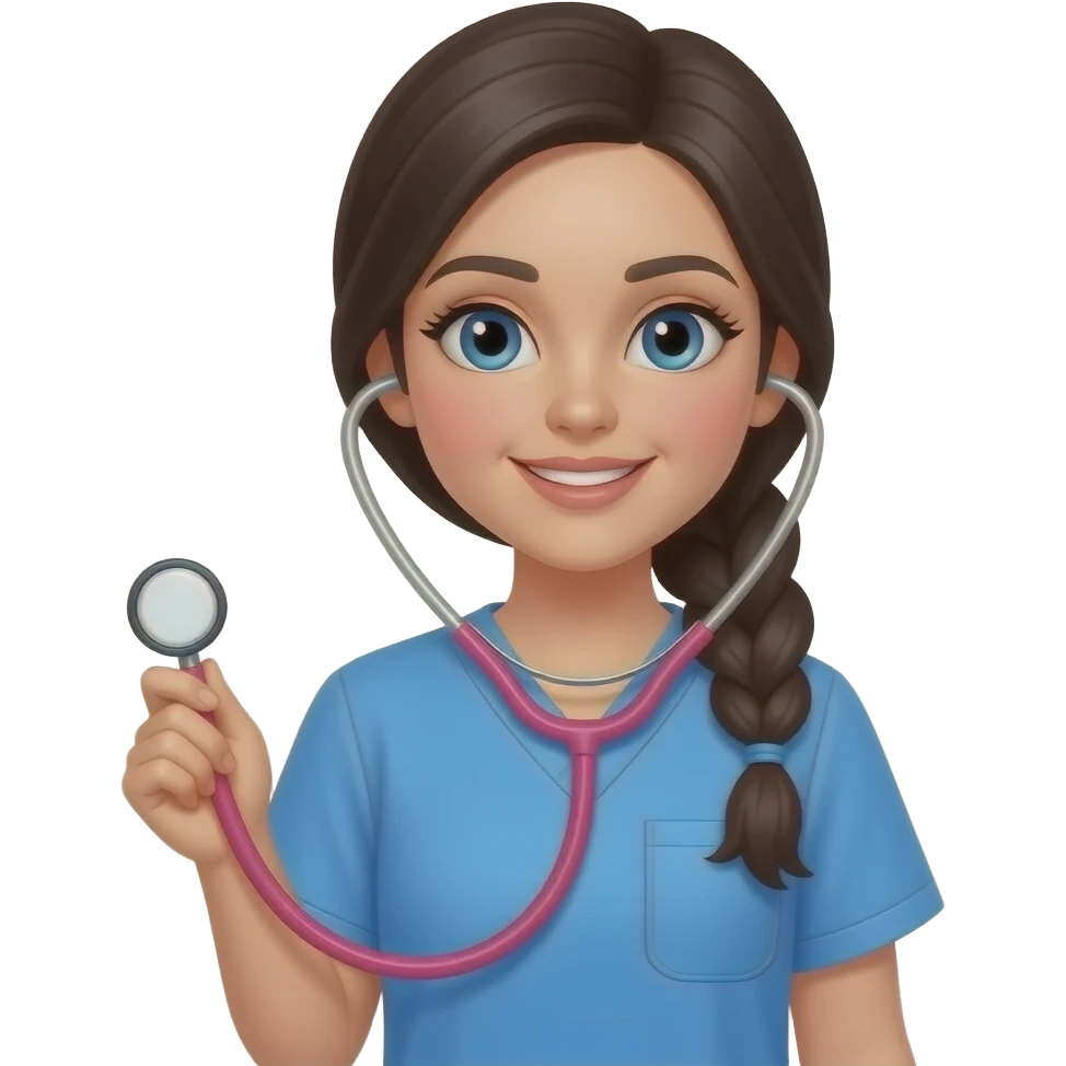 Vet nurse dark hair in 1 plait blue eyes pink stethoscope emoji