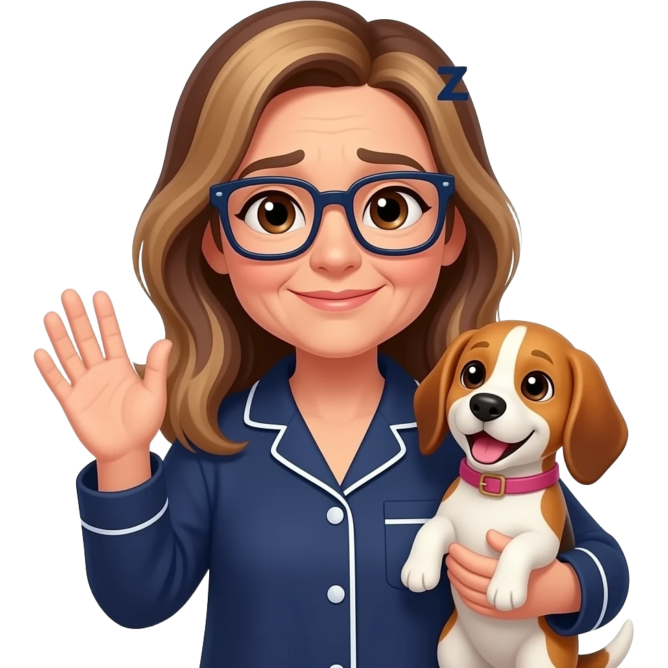 50-year-old tired woman with dark brown eyes,  long brown balayage hair, parted on the left, with pale skin, with dark navy rectangular glasses, holding a beagle that looks happy. She is wearing a navy pajamas. The beagle has a pink collar. The woman is waving goodbye. There are Zzz above her head emoji