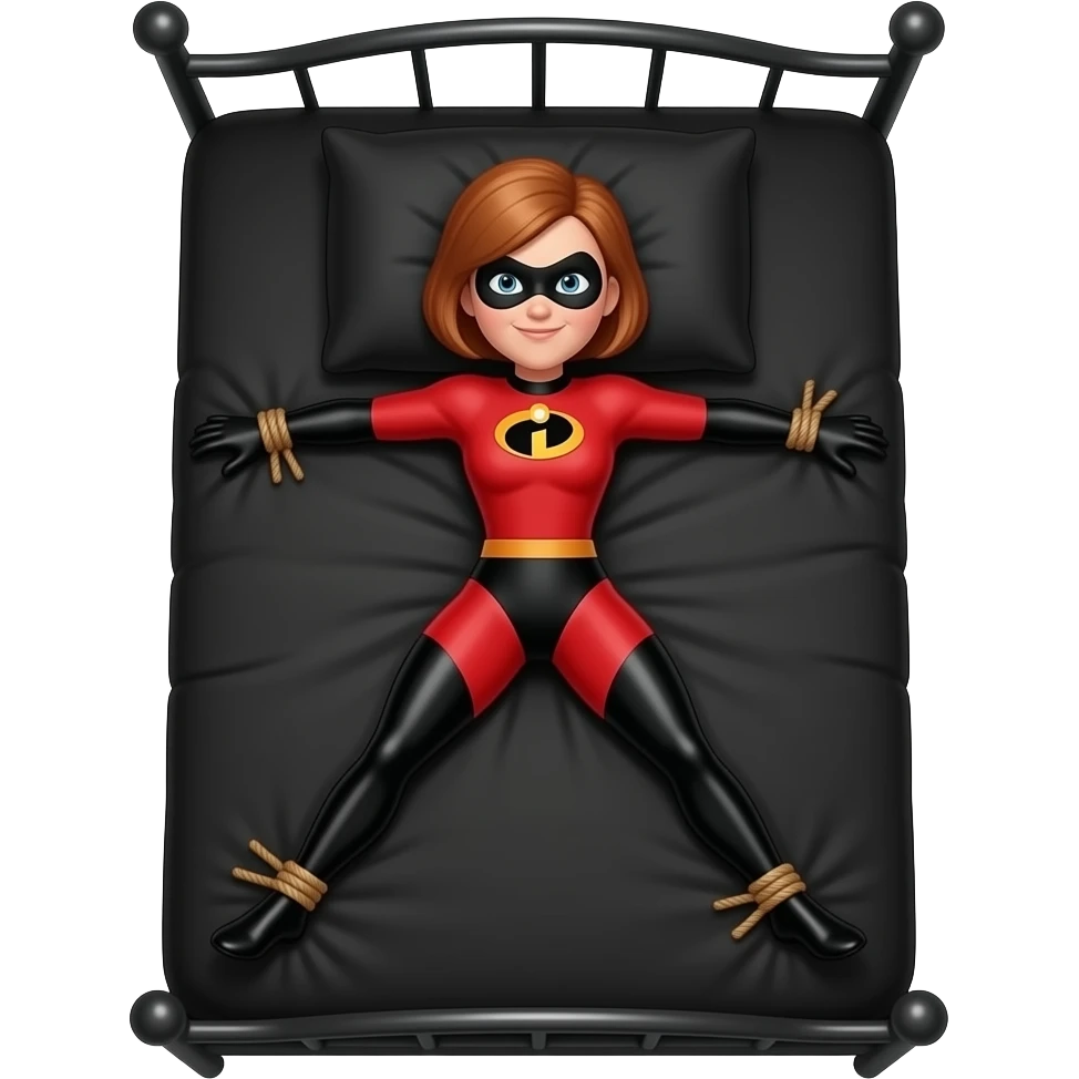 Helen Parr, Mrs. Incredible, Elastigirl, Tied to an all  black bed, legs and arms spread, tied to the corners of the bed emoji