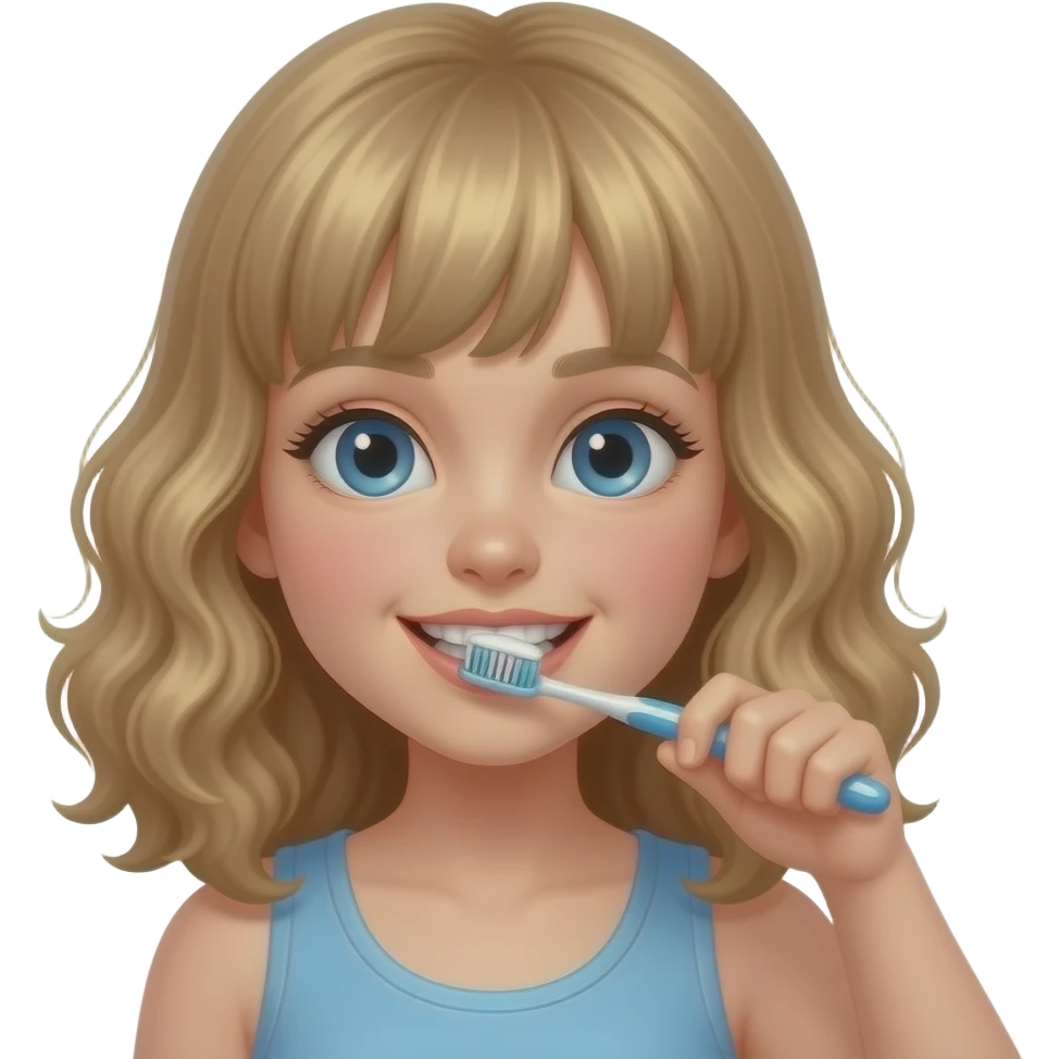 white kid blue eyes mid length with bangs soft curly hair to shoulders in color: middle to little darker blonde, brushing her teeth emoji