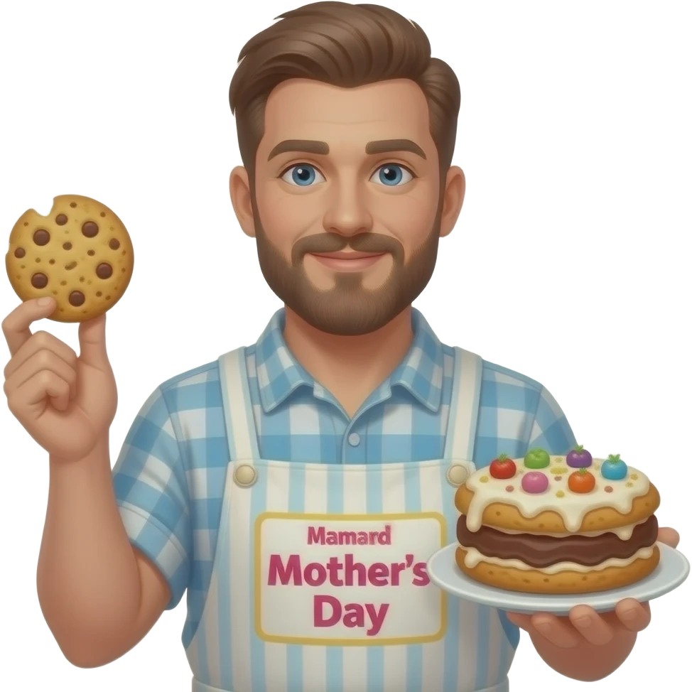 Poster "SteamWorks, celebrates Mothers Day with freshly baked cookie scent in all stalls." In a gay male drag queen as a bearded mother in a homely dress  theme. emoji