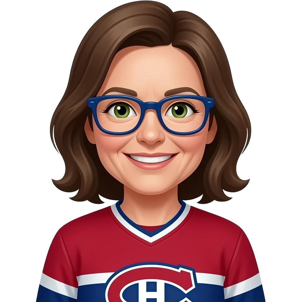 Female, Green eyes, brown hair, navy blue glasses, 50 years old, Montréal Canadiens, smiling showing teeth emoji