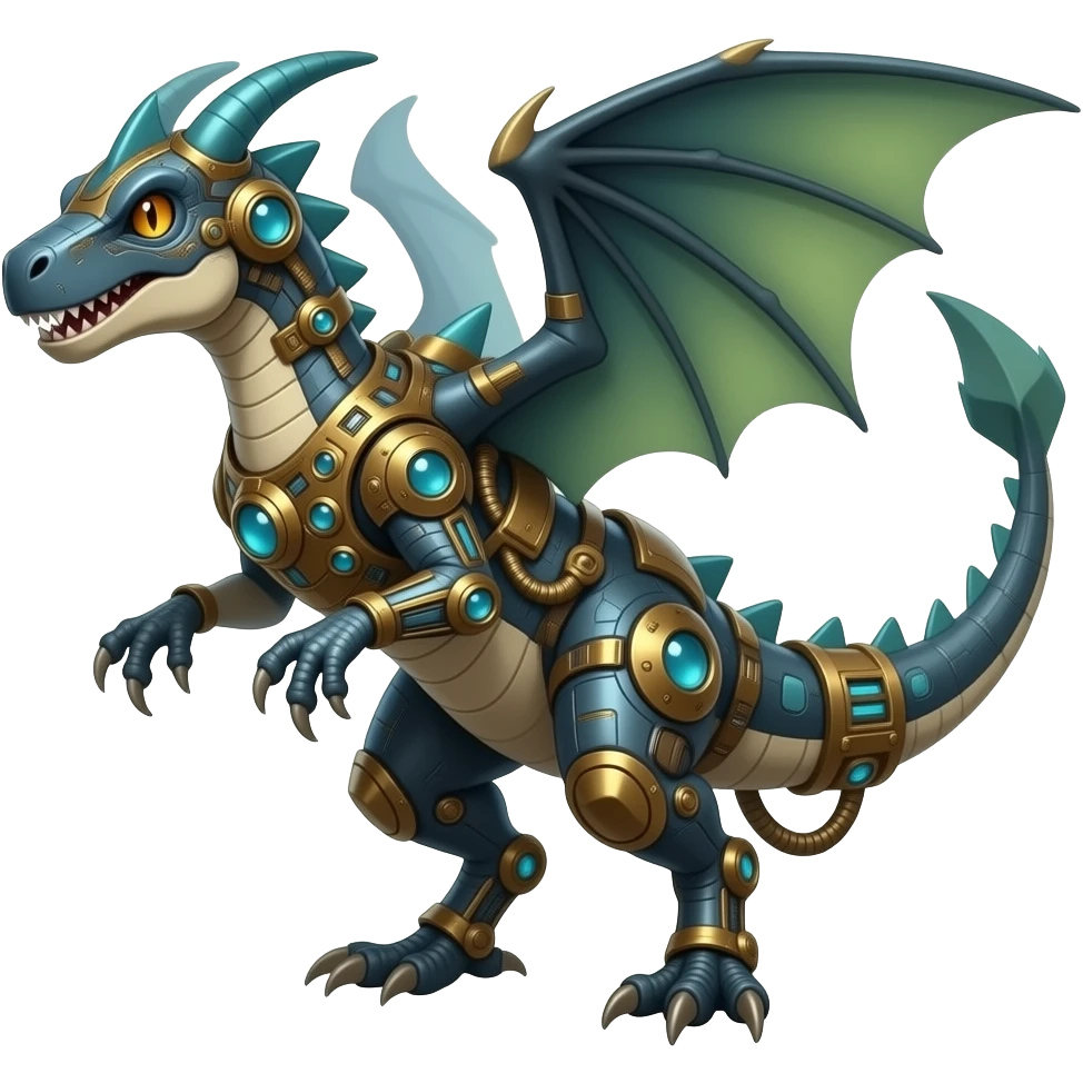 ancient digitigrade vintage futuristic raptorik fantasy-Cyberpunk-Steampunk-Solarpunk-Genesect-Salamence-Tyranitar-Brony-Vernid-Fionbri-Fakémon-animal-hybrid, full body emoji